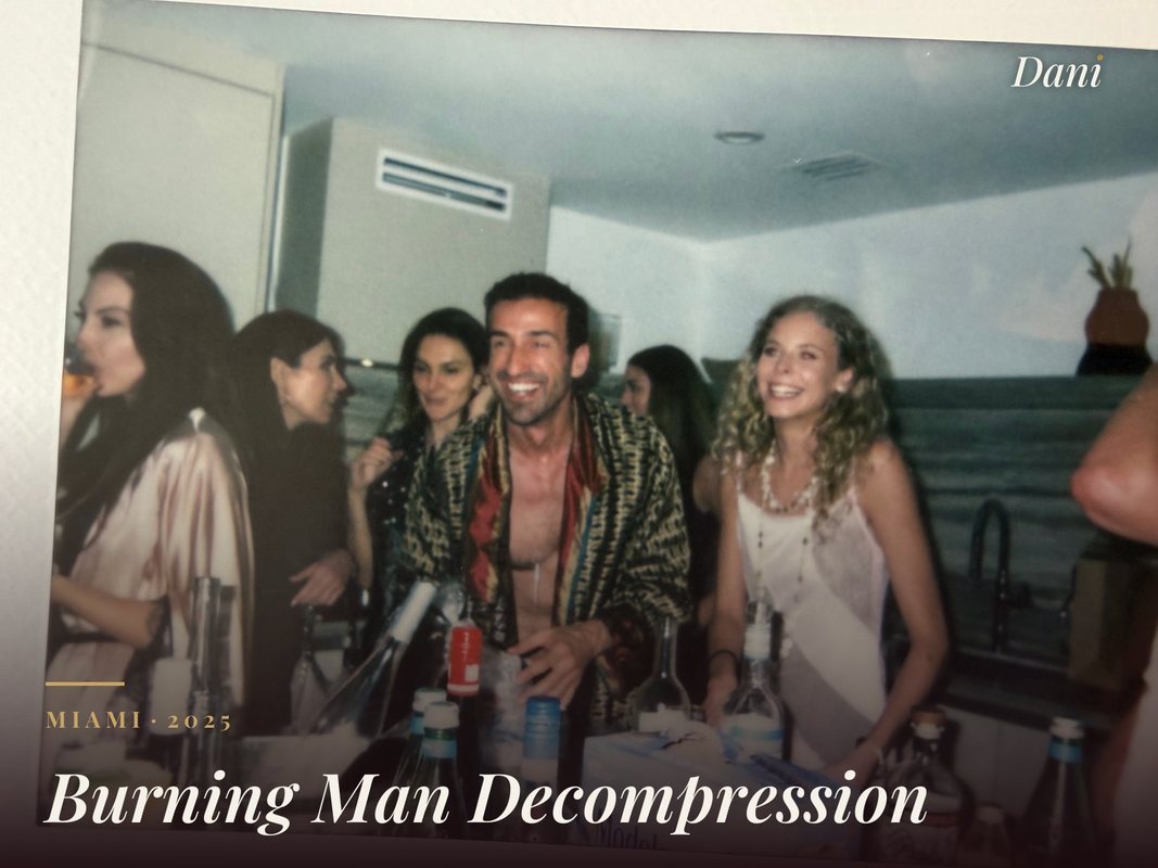 Burning Man Decompression, Miami 2025: polaroid of guests laughing around the drinks bar